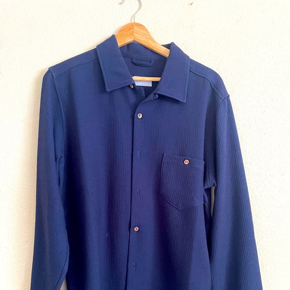Percival Cuban long sleeve pique tech weave. Navy blue. Large
